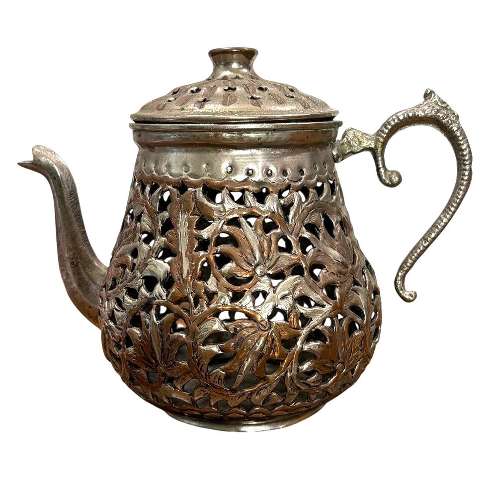 Turkish Teapot Candle Decor 2-Tone Hand Pierced Tinned Copper Floral Openwork